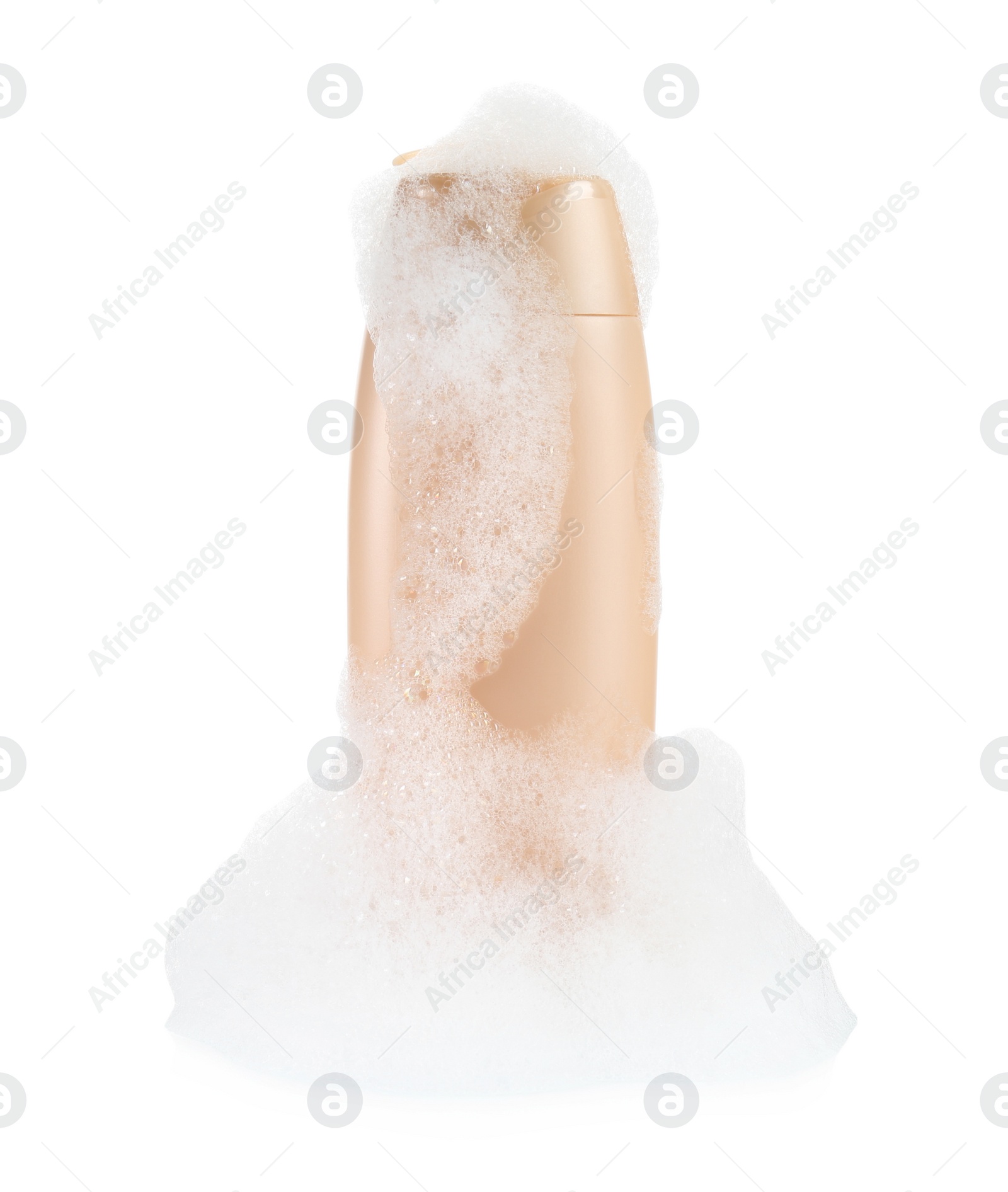 Photo of Bottle of bubble bath with foam isolated on white