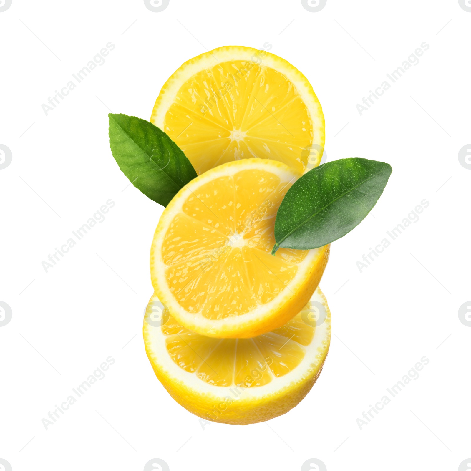 Image of Cut fresh lemons with green leaves isolated on white