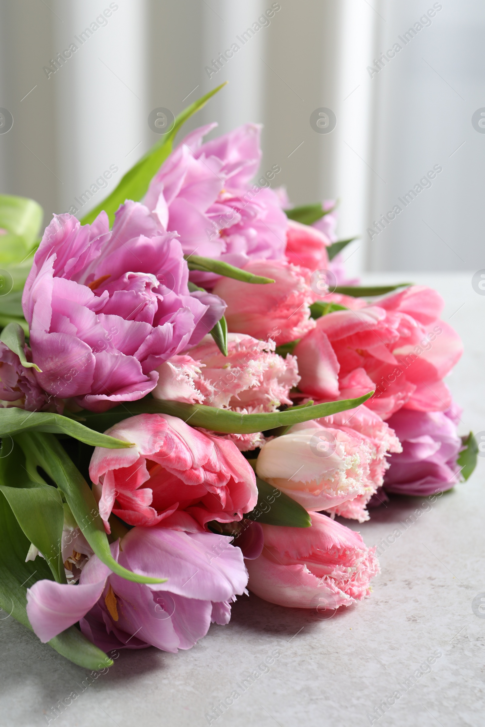Photo of Beautiful bouquet of colorful tulip flowers on light gray table