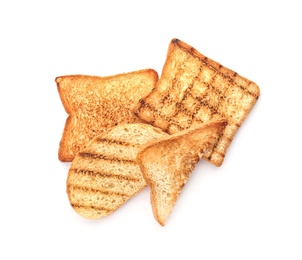 Toasted bread on white background, top view