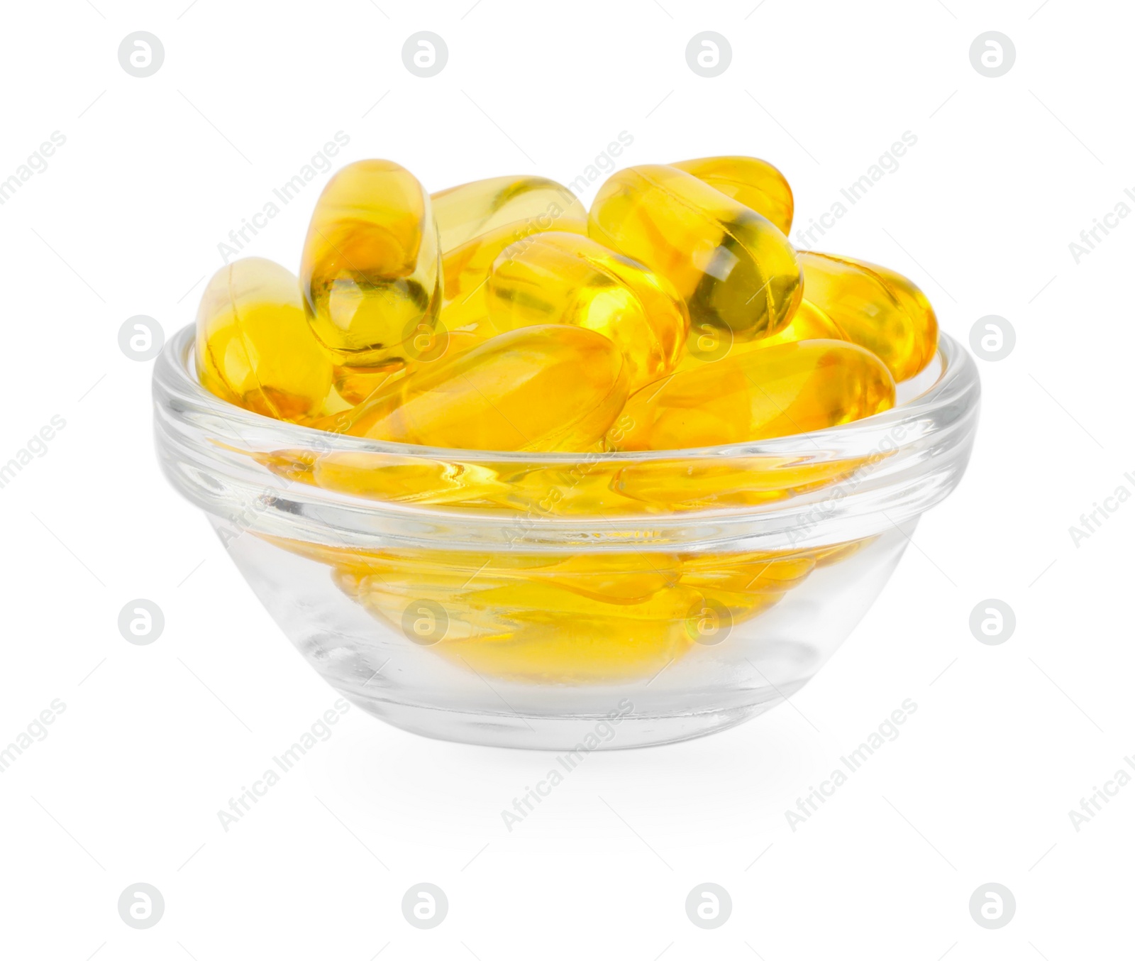 Photo of Vitamin capsules in glass bowl isolated on white