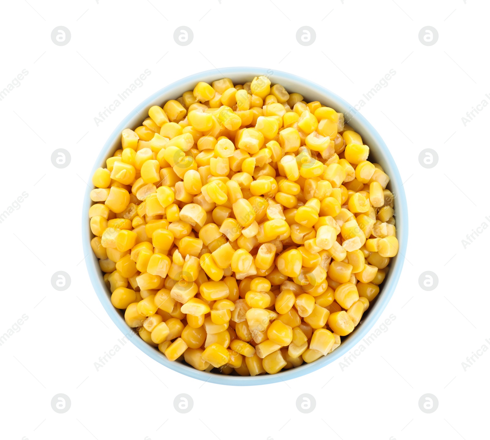 Photo of Delicious canned corn in bowl isolated on white, top view