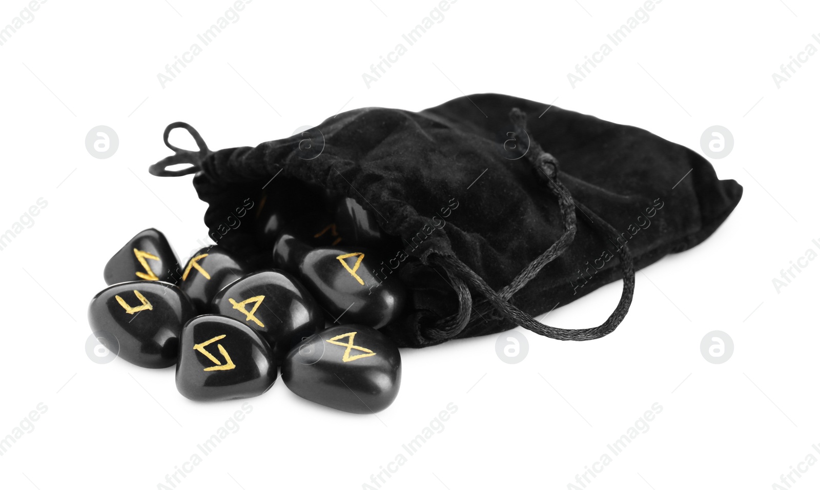 Photo of Bag with many black rune stones isolated on white