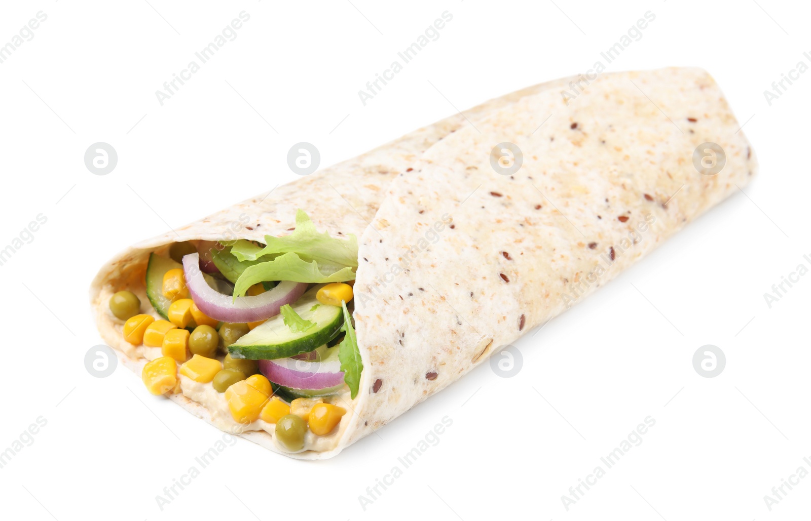 Photo of Delicious hummus wrap with vegetables isolated on white