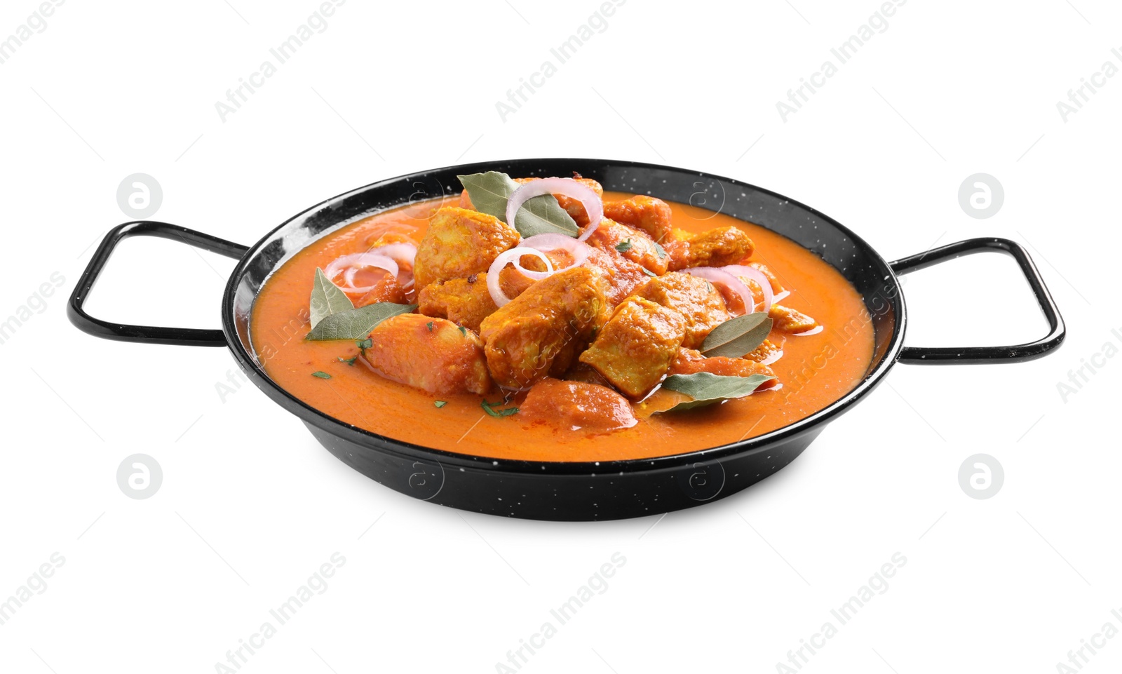 Photo of Delicious chicken curry in pan on white background