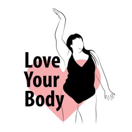 Image of Stop body shaming, love yourself. Figure of plus-size model in bodysuit, heart and phrase Love Your Body on white background