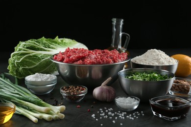 Photo of Composition with ingredients for gyoza on black table