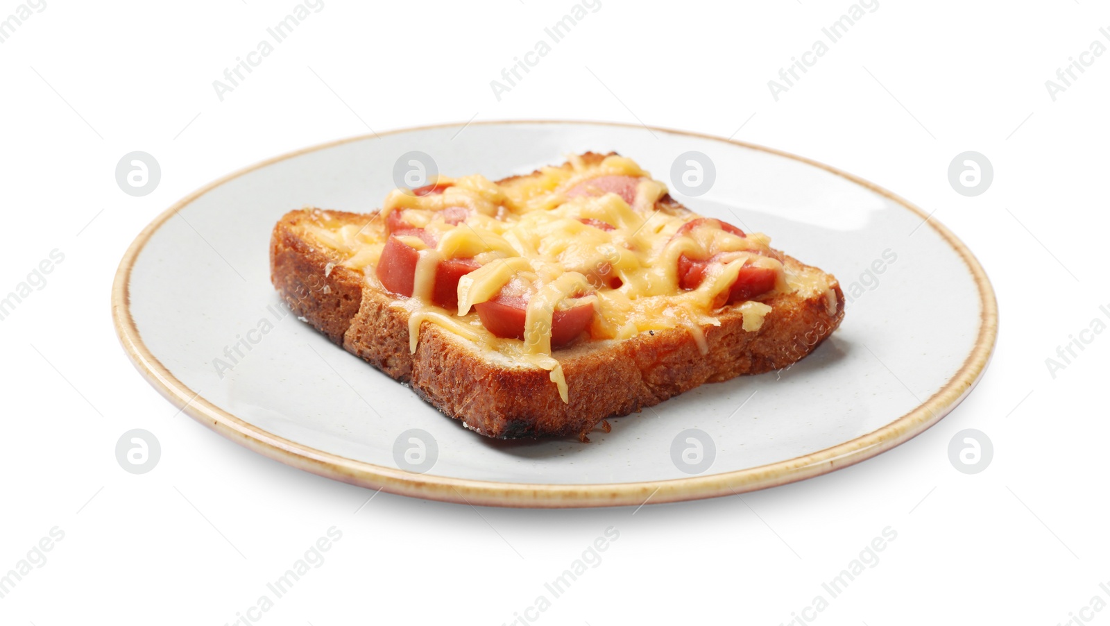 Photo of Plate with tasty pizza toast isolated on white