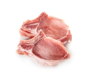 Photo of Raw steaks on white background, top view. Fresh meat