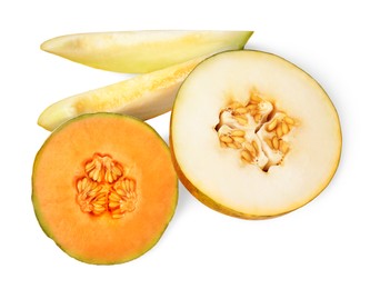 Photo of Tasty colorful ripe melons on white background, top view