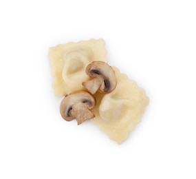 Delicious ravioli with mushroom isolated on white, top view