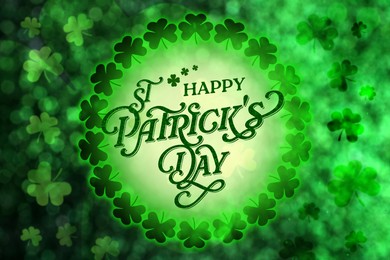 Image of Happy St. Patrick's day card. Text and clover leaf illustrations on green background with bokeh effect