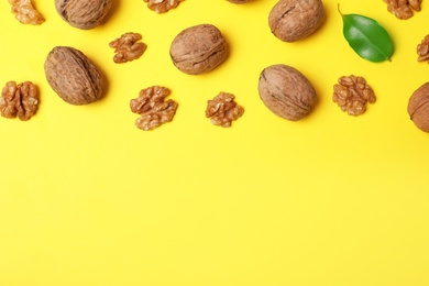 Flat lay composition with walnuts and space for text on color background