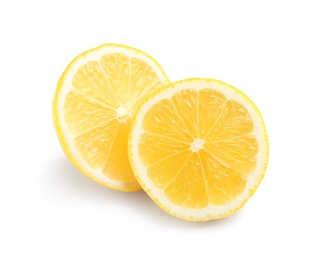 Photo of Sliced fresh ripe lemon on white background