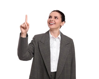 Photo of Beautiful businesswoman in suit pointing at something on white background