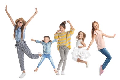 Group of children dancing on white background, set of photos