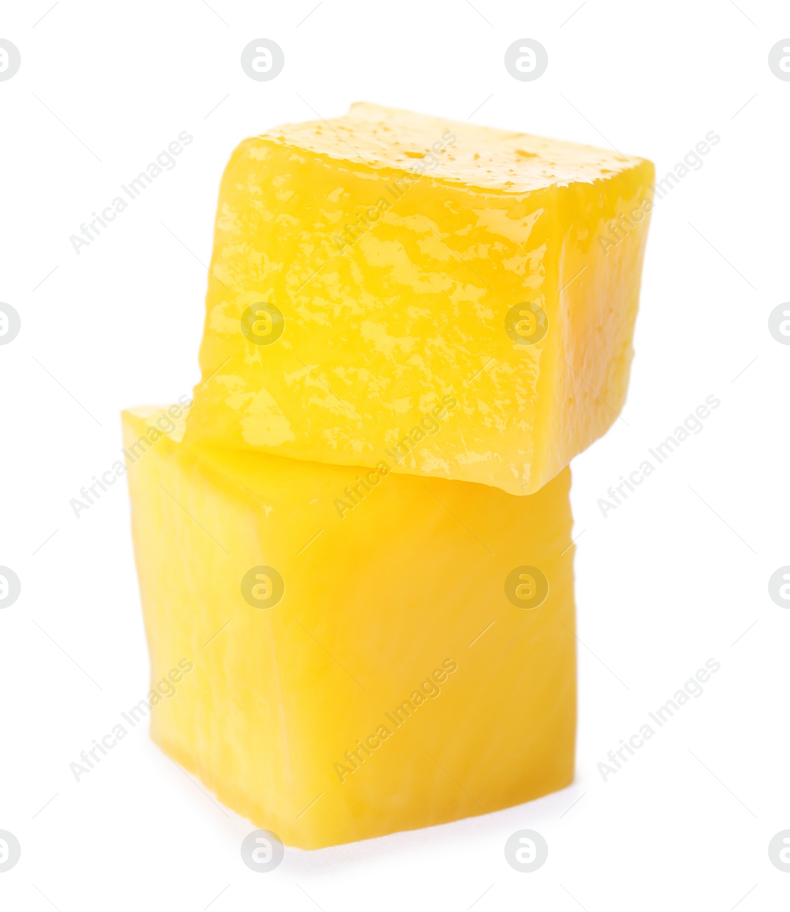 Photo of Fresh juicy mango cubes on white background