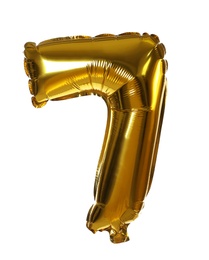Golden number seven balloon on white background