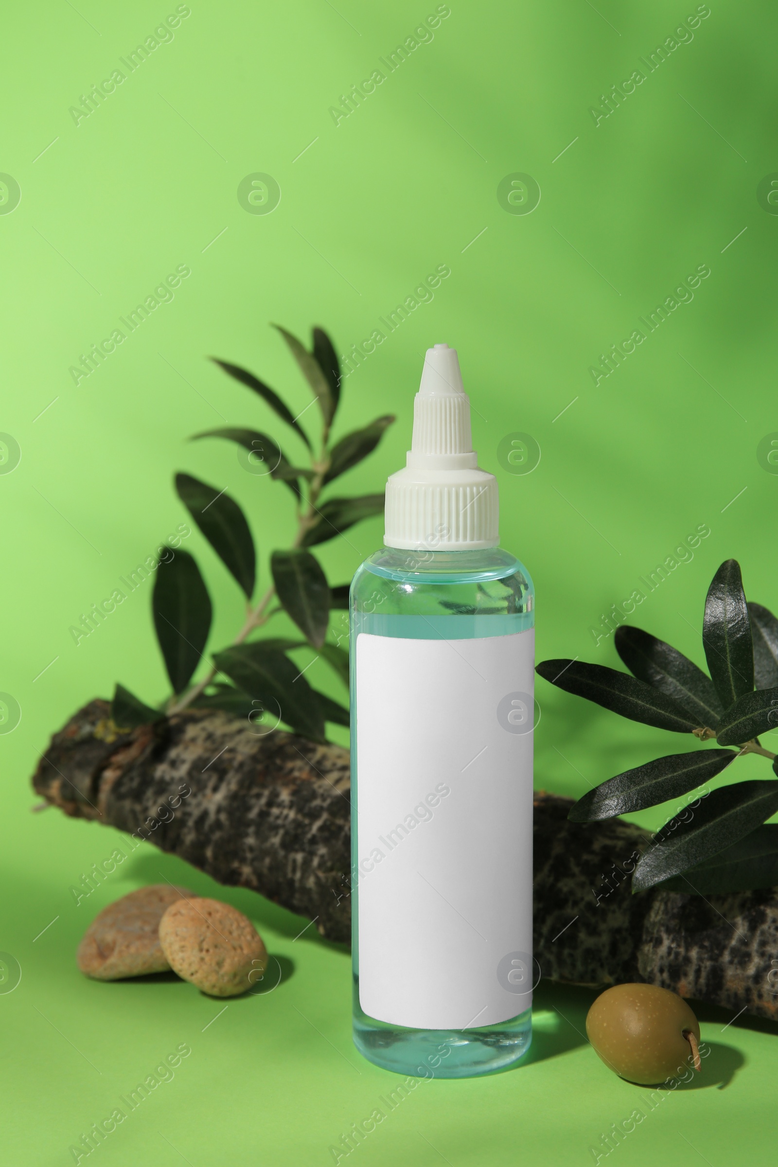 Photo of Bottle of cosmetic product, olives and leaves on light green background