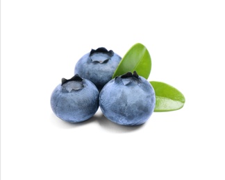 Photo of Fresh ripe blueberries with leaves on white background
