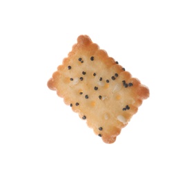 Photo of Delicious crispy cracker with poppy and sesame seeds isolated on white