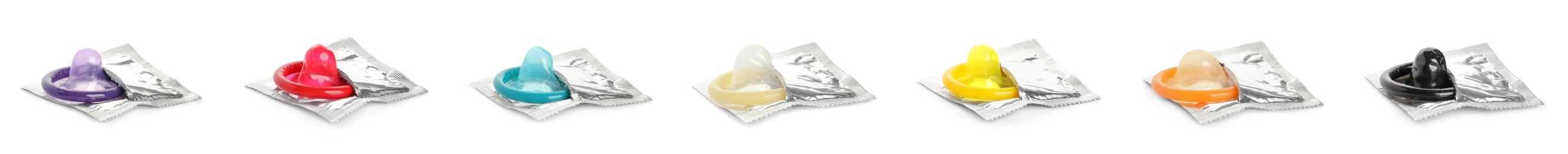 Image of Set with unpacked condoms on white background. Banner design 