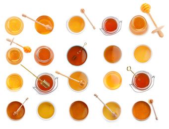 Set of organic delicious honey on white background, top view