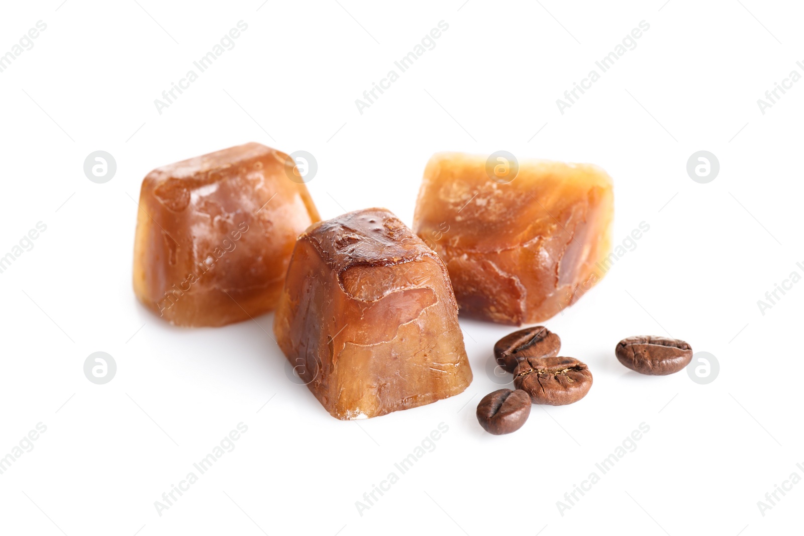 Photo of Coffee ice cubes and beans on white background