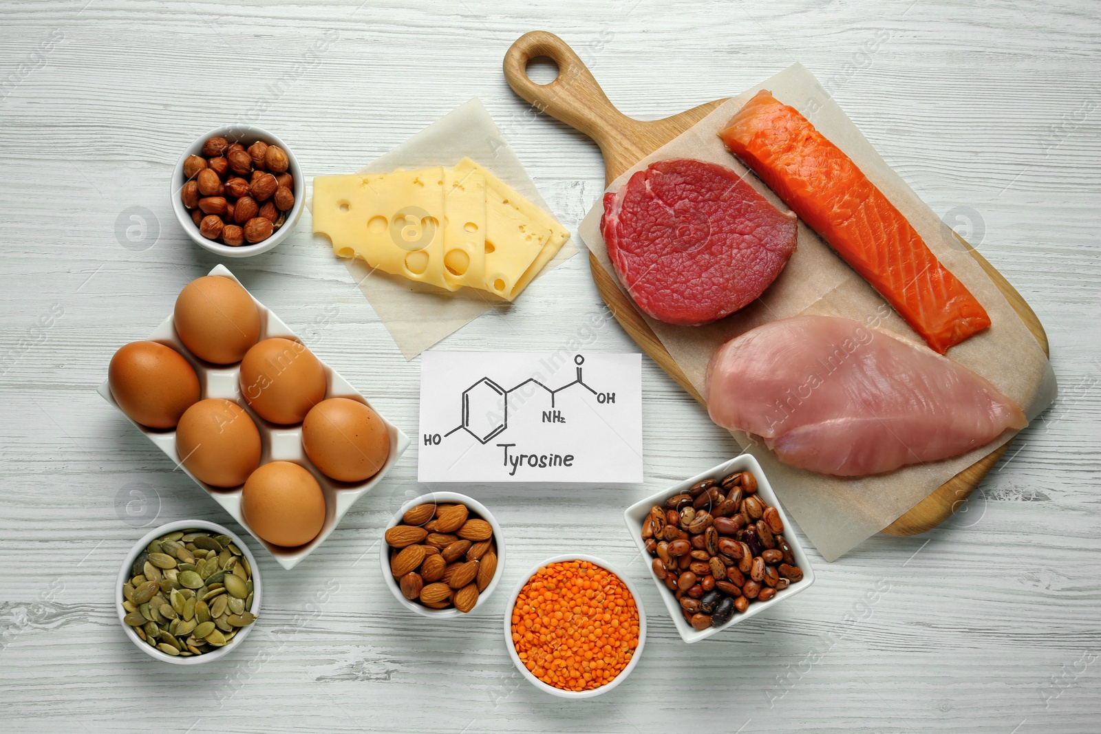 Photo of Different fresh products and paper with Tyrosine chemical formula on white wooden table, flat lay. Sources of essential amino acids