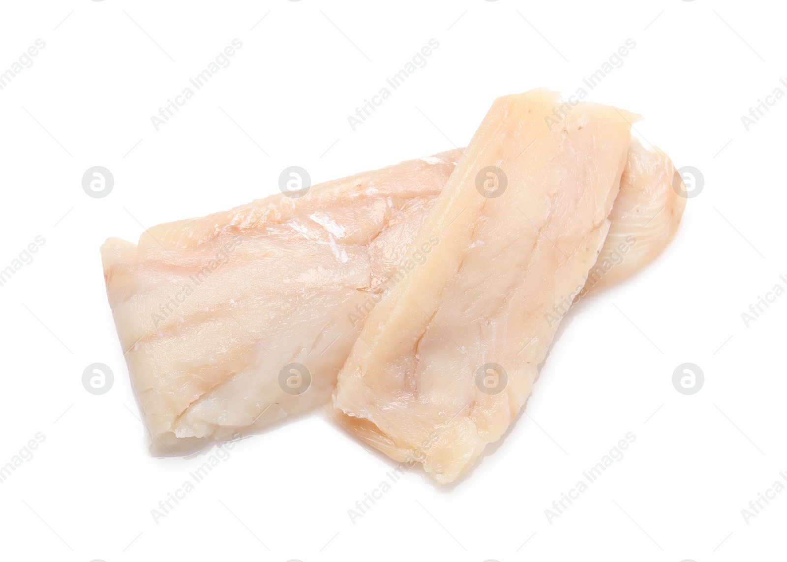 Photo of Pieces of raw cod fish isolated on white