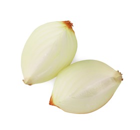 Pieces of fresh onion on white background, top view