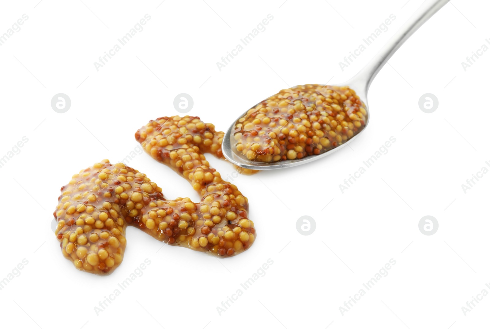 Photo of Fresh whole grain mustard and spoon isolated on white