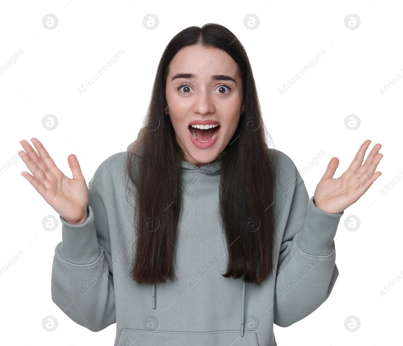 Photo of Portrait of surprised woman on white background
