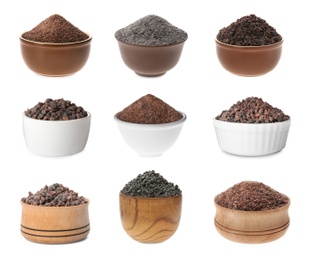 Image of Set of bowls with black salt isolated on white