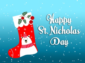 Illustration of Saint Nicholas Day greeting card design. Christmas stocking on blue background