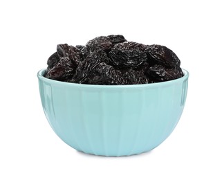 Photo of Bowl with sweet dried prunes isolated on white