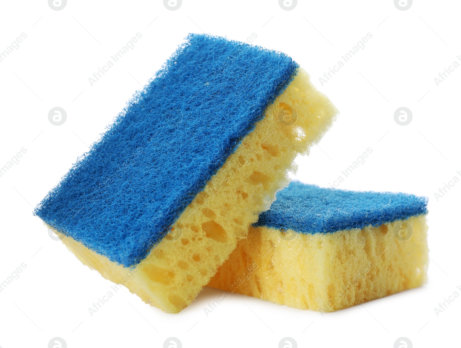 Photo of Yellow cleaning sponges with abrasive light blue scourers on white background