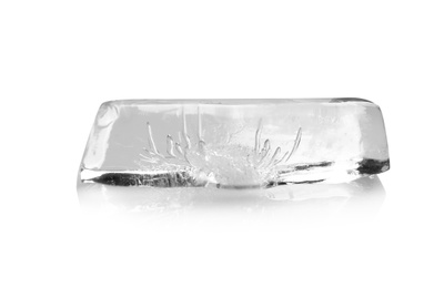 Piece of ice melting on white background