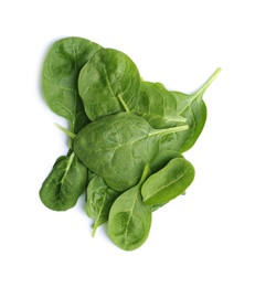 Pile of fresh spinach leaves isolated on white, top view