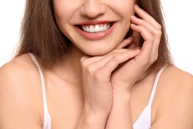 Photo of Young woman with beautiful smile, closeup. Teeth whitening