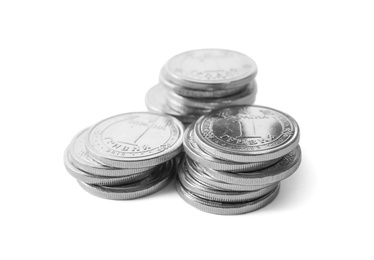 Ukrainian coins isolated on white. National currency