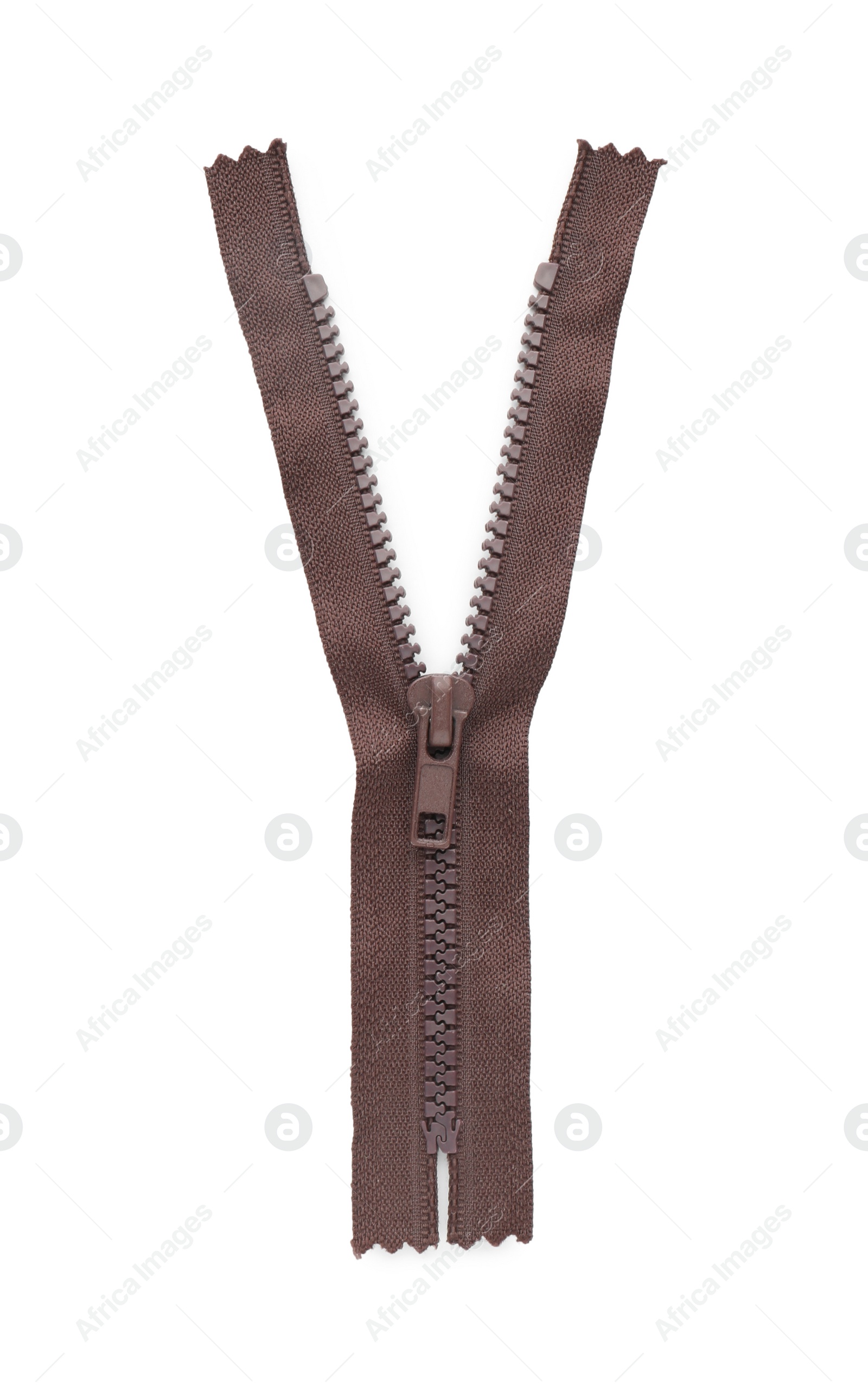 Photo of Brown zipper isolated on white, top view