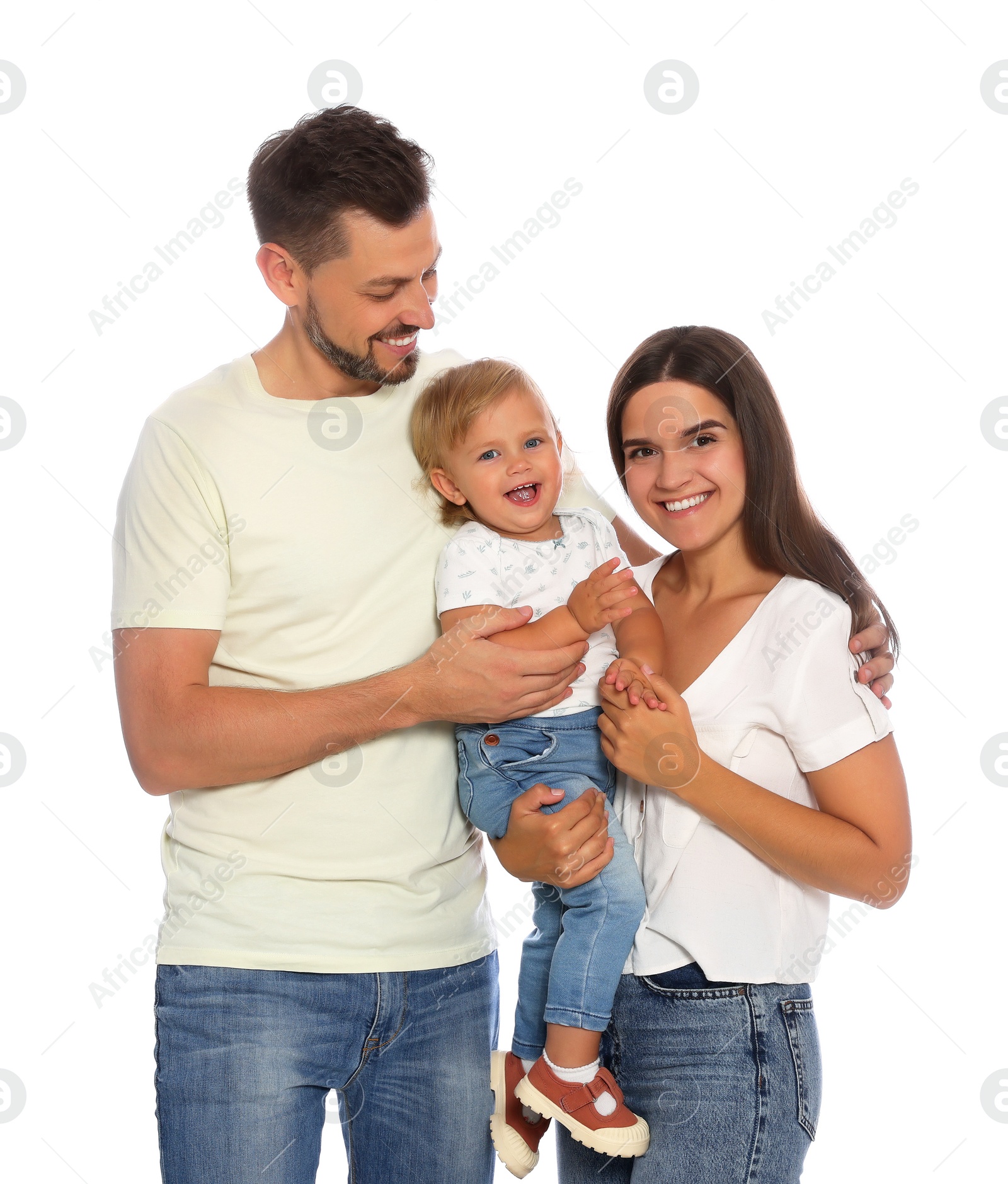 Photo of Happy cute family in casual clothes on white background