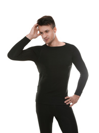 Photo of Man wearing thermal underwear isolated on white