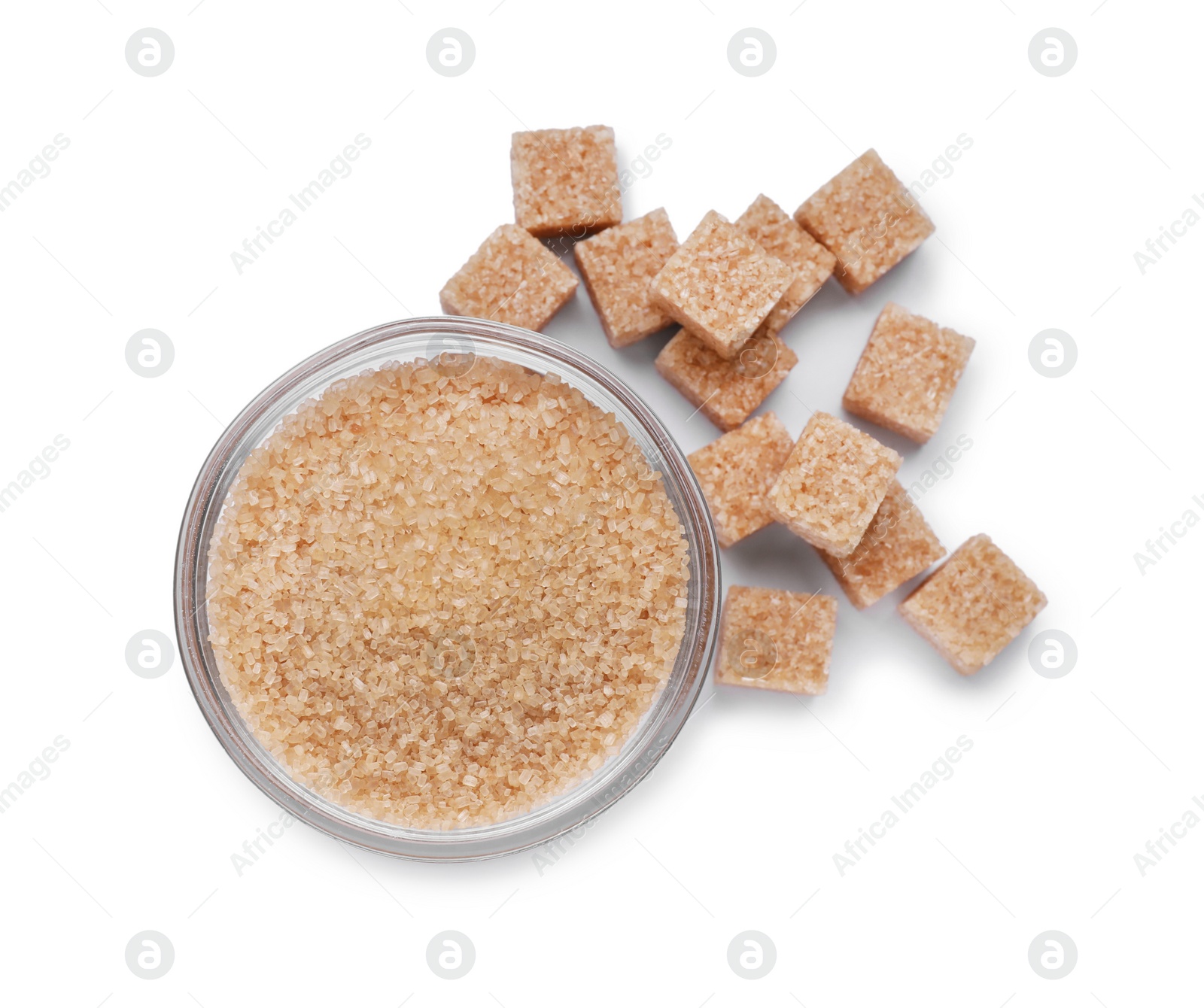 Photo of Different types of brown sugar isolated on white, top view