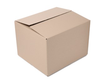 Photo of One closed cardboard box isolated on white