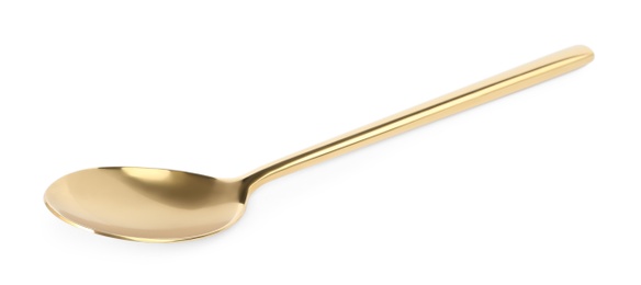 Photo of Clean shiny gold spoon isolated on white