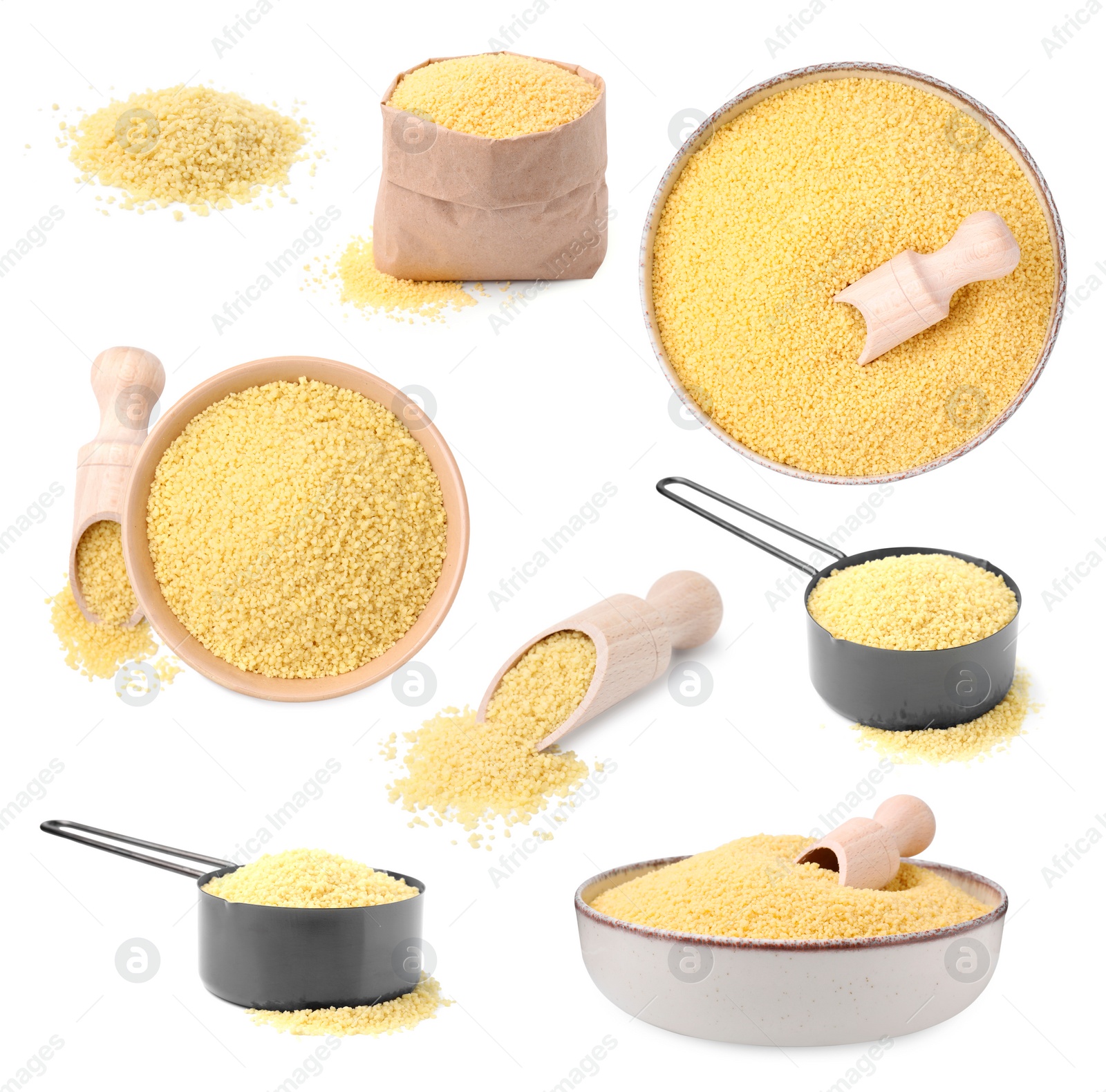 Image of Raw dry couscous isolated on white, set