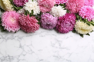 Photo of Beautiful asters and space for text on white marble background. Autumn flowers