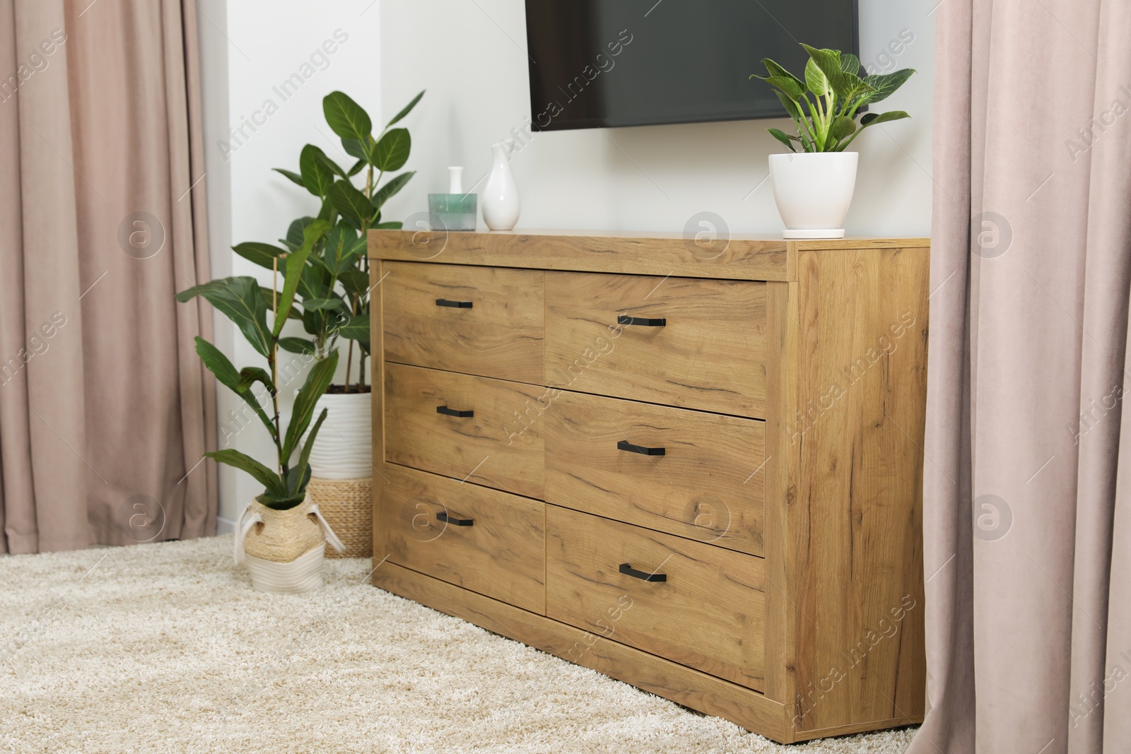 Photo of Cozy room interior with chest of drawers, TV set and decor elements